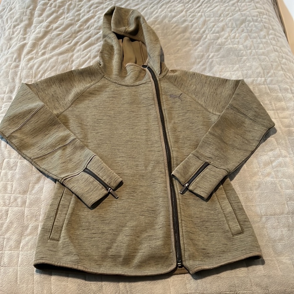 Puma Olive Green Hooded Moto Jacket, Sweatshirt, Pockets, Zipper, Size S